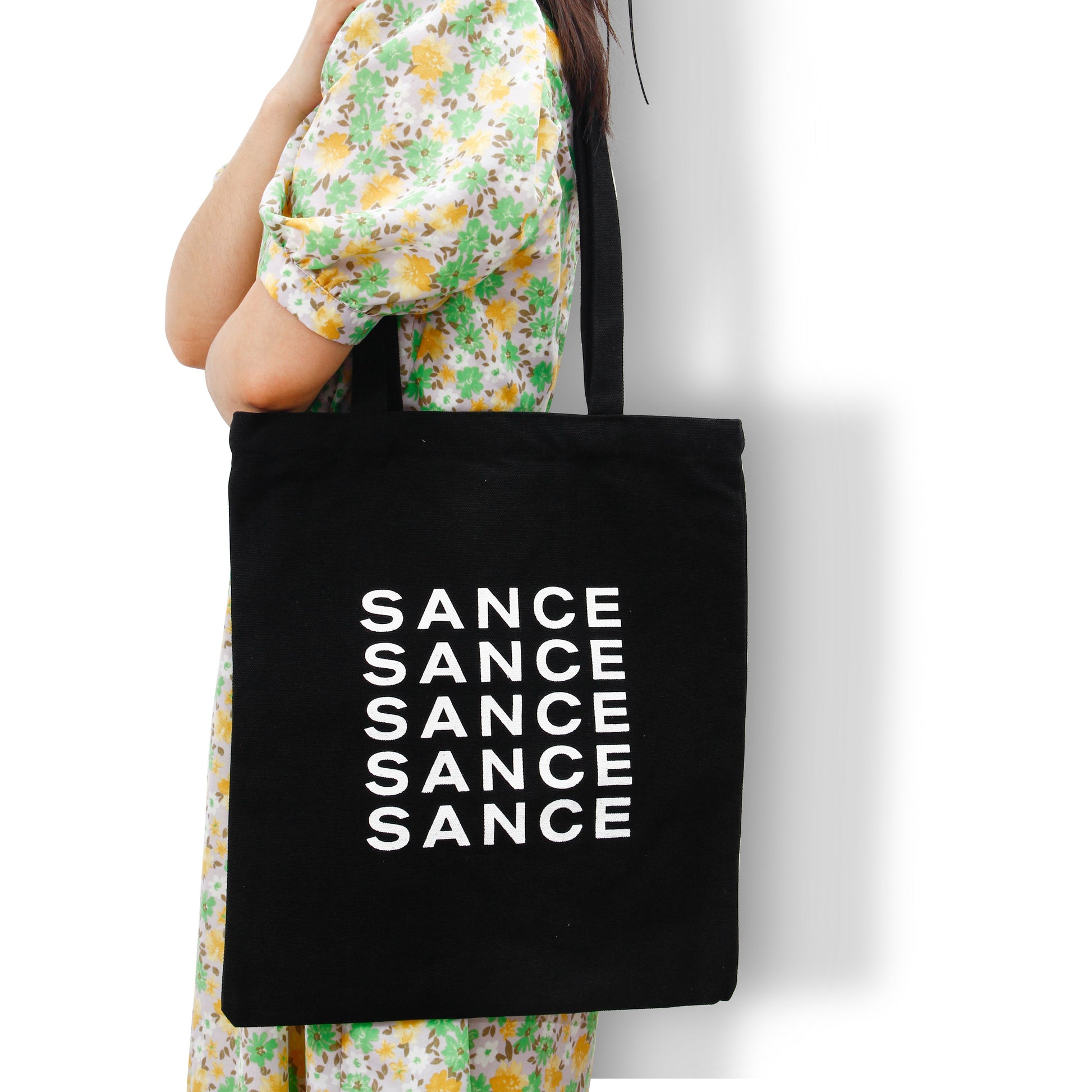 SANCE Tote Bags black repeat logo LGBTQIA singles solterxs solteras solteros gay lesbian queer trans bisexual dating in real life